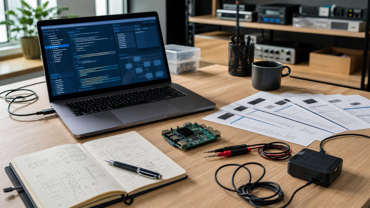 Realistic technical desk scene with a laptop, electronics board, test leads, notes, and product comparison sheets